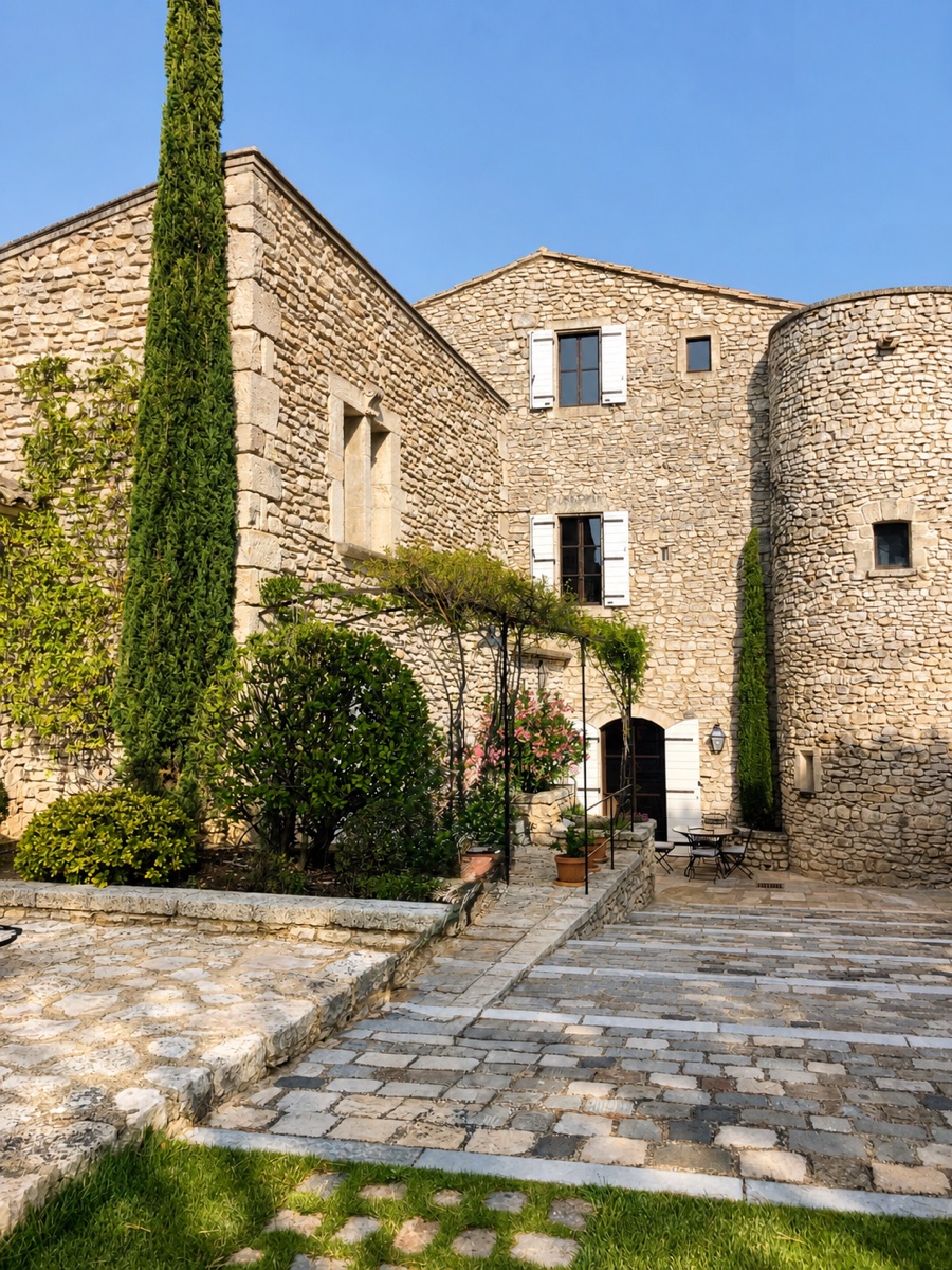 Restored Provençal stone mas with cypress trees and courtyard