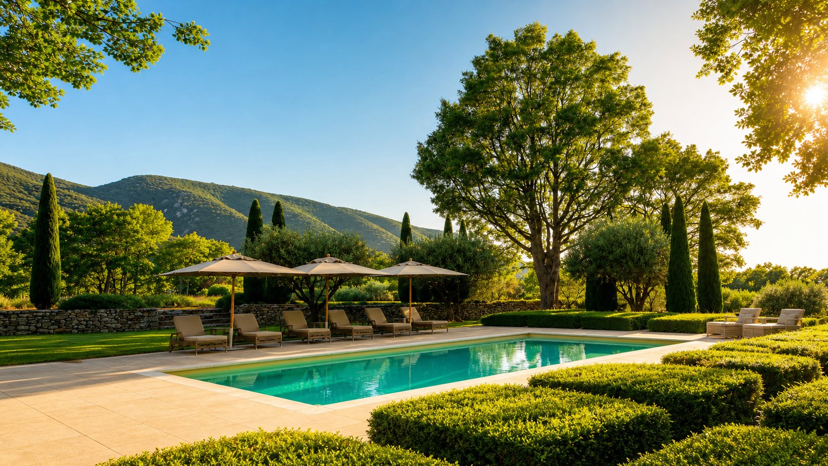 Poolside garden terrace overlooking the hills